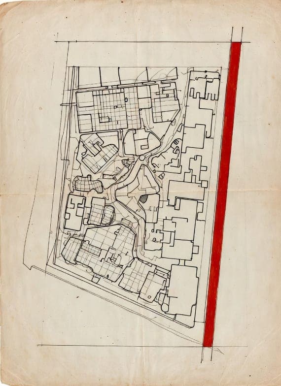 Hand-drawn site study with a red surveyor's stripe